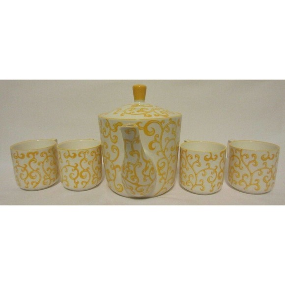 Pier 1 Imports Porcelain Teapot Set 4 Cups Hand Painted Yellow Scroll Modern - Picture 5 of 12